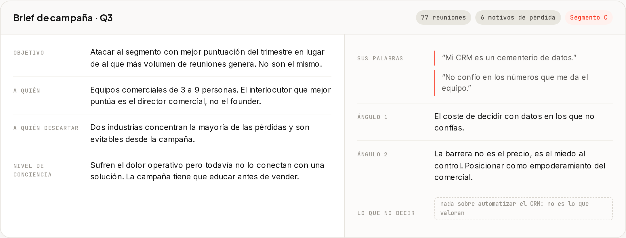 Brief de campaña con segmento, ángulos y vocabulario real del cliente